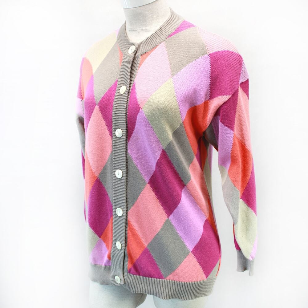 Jaeger Vintage Italian Argyle Diamond Sweater Cardigan Button Preppy Medium